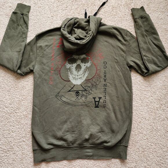 Sullen Art Hoodie Mens M Army Green Pullover Skulls Tattoo Sweatshirt Buckle - Picture 4 of 10